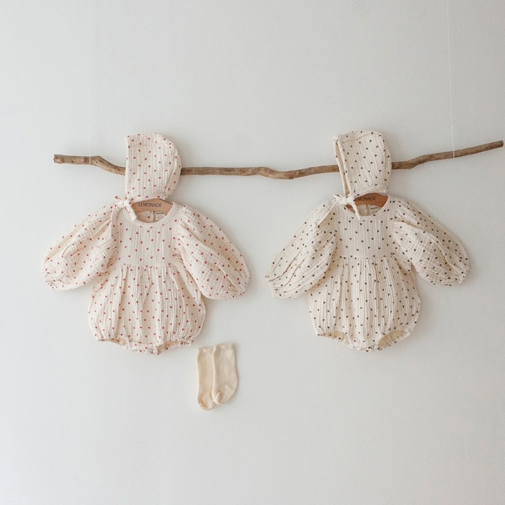 LEMONADE15｜(55cm-85cm) 2色滿滿愛心包屁衣含帽子