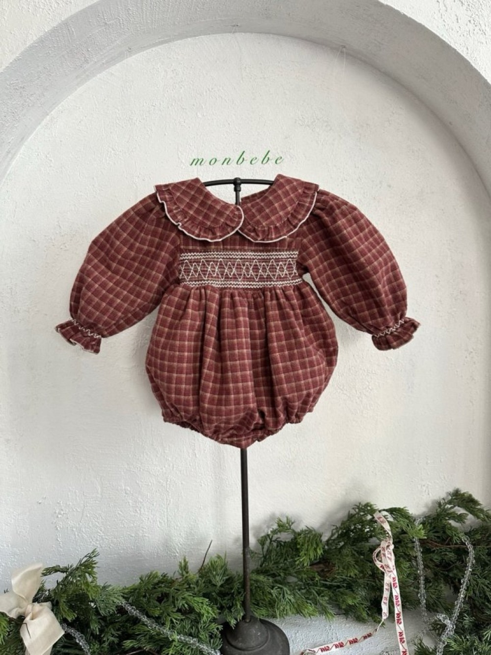 MONBEBE55｜(3m-24m) 荷葉領縮口袖格紋包屁衣