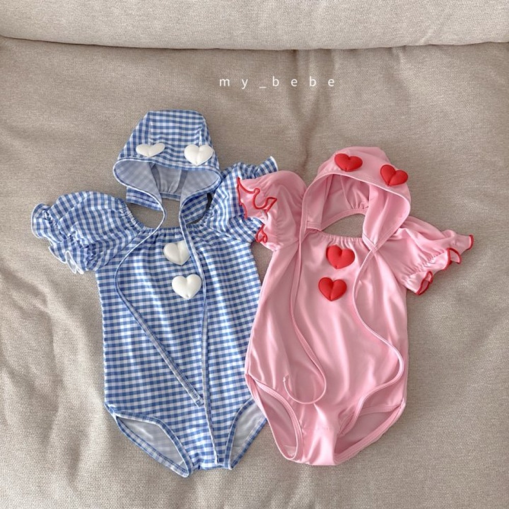 my_bebe03｜(75-105cm) 荷葉抓皺愛心泳衣含泳帽