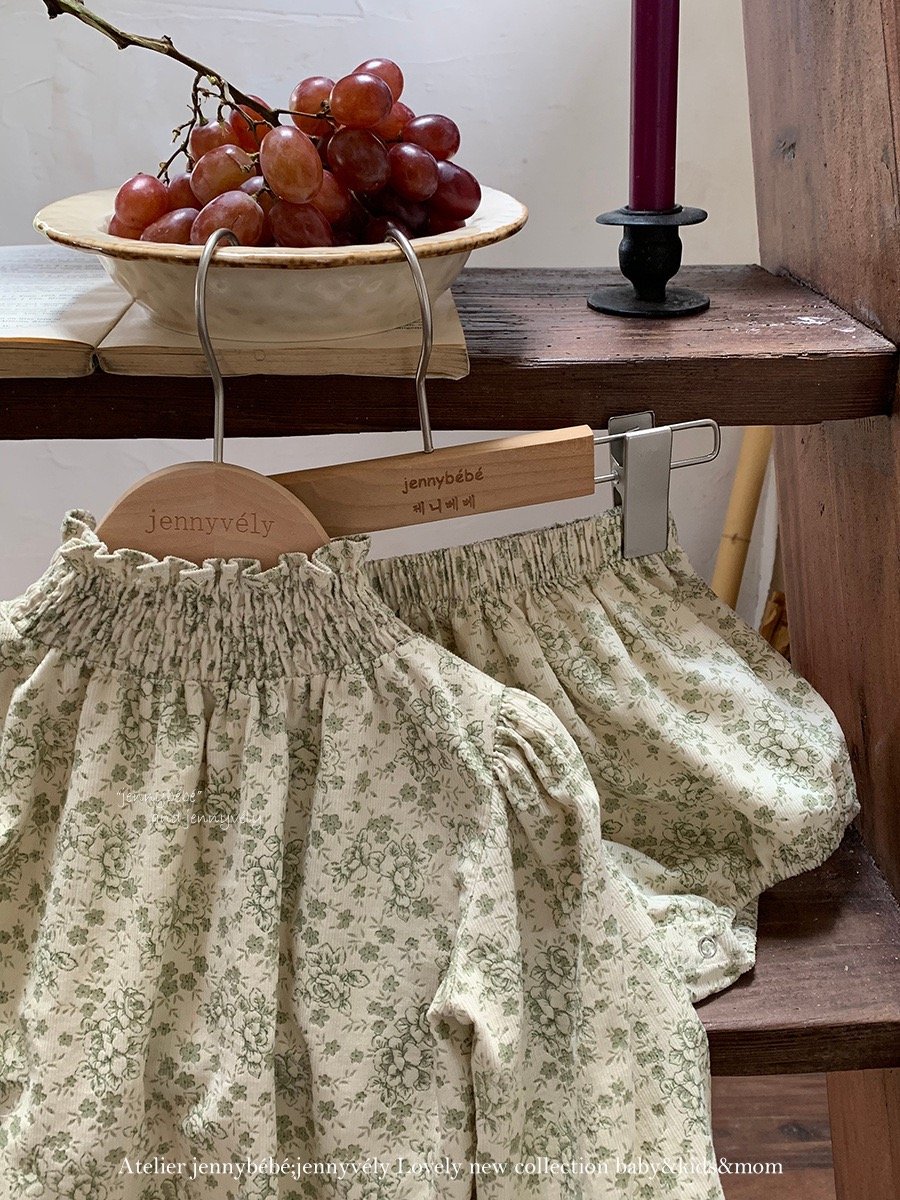 JE584｜(73-100cm) 復古碎花燈芯絨套裝