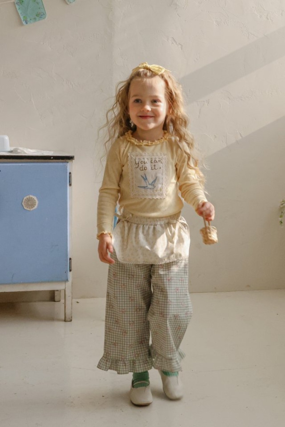 FLO35｜(75-140) 3色法式花布木耳邊上衣