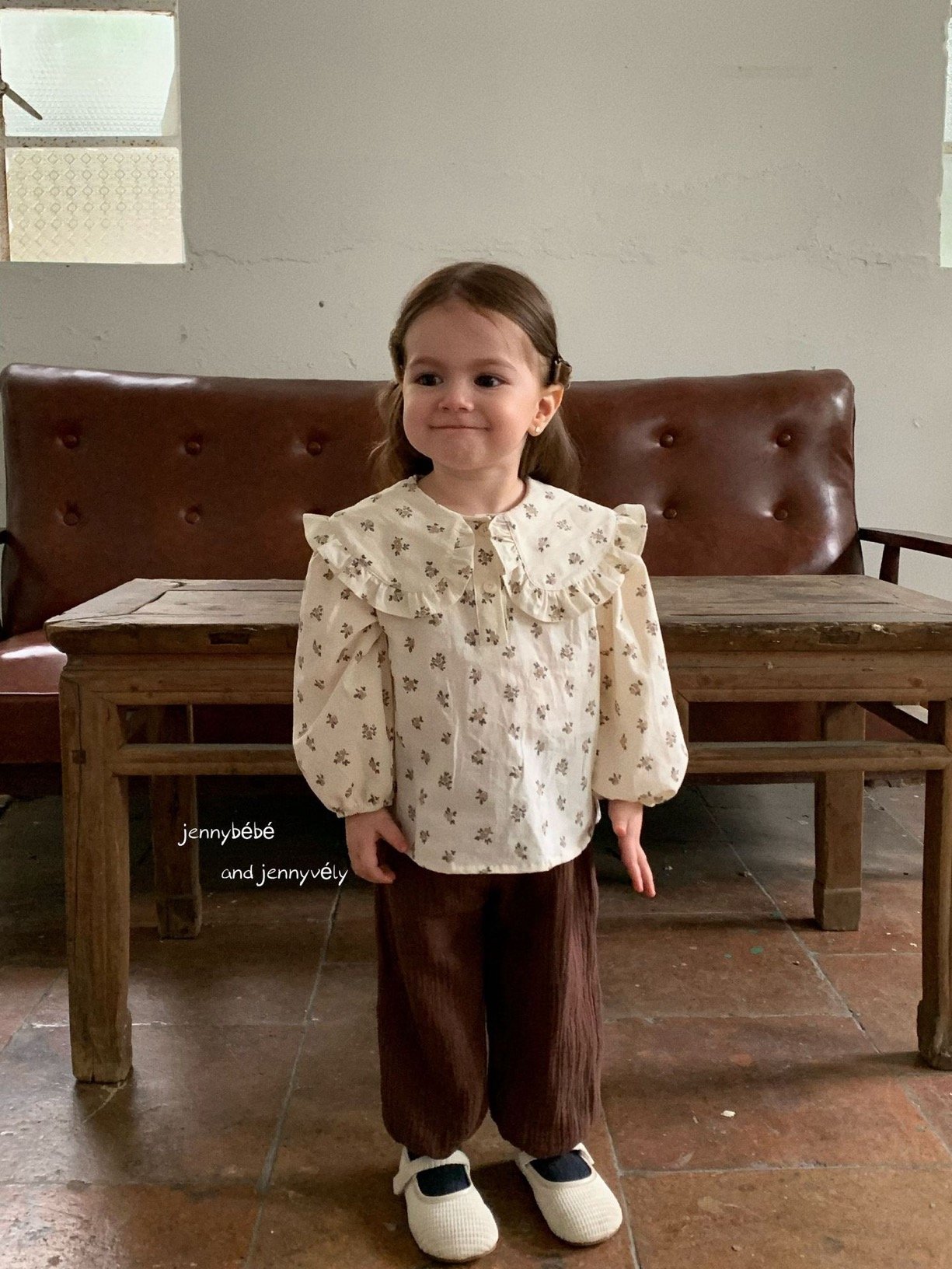 JE576｜(73-100cm) 花邊翻領碎花襯衫/棉紗花邊束口褲