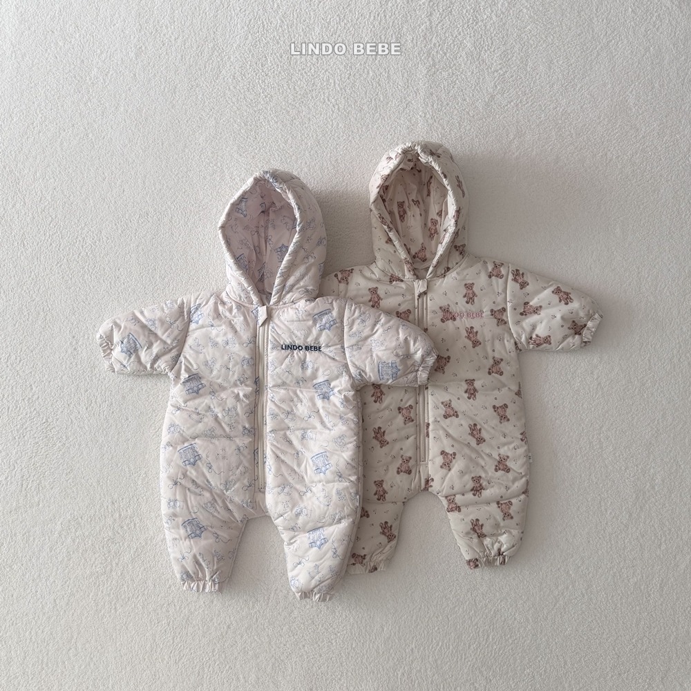 Lindo22｜(3m-18m) 小熊太空夾層棉連帽拉鍊連身衣