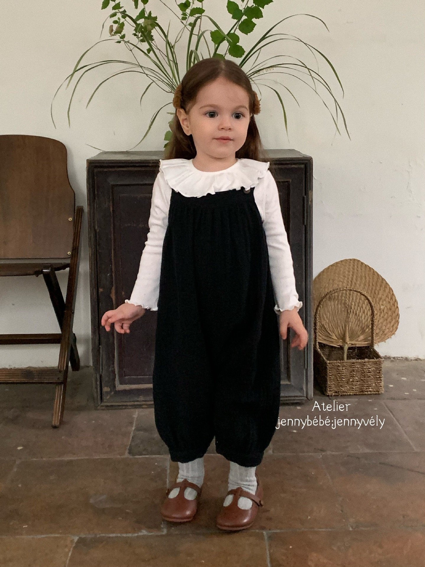 JE566｜(73-100cm) 百搭荷葉領上衣/棉紗吊帶褲