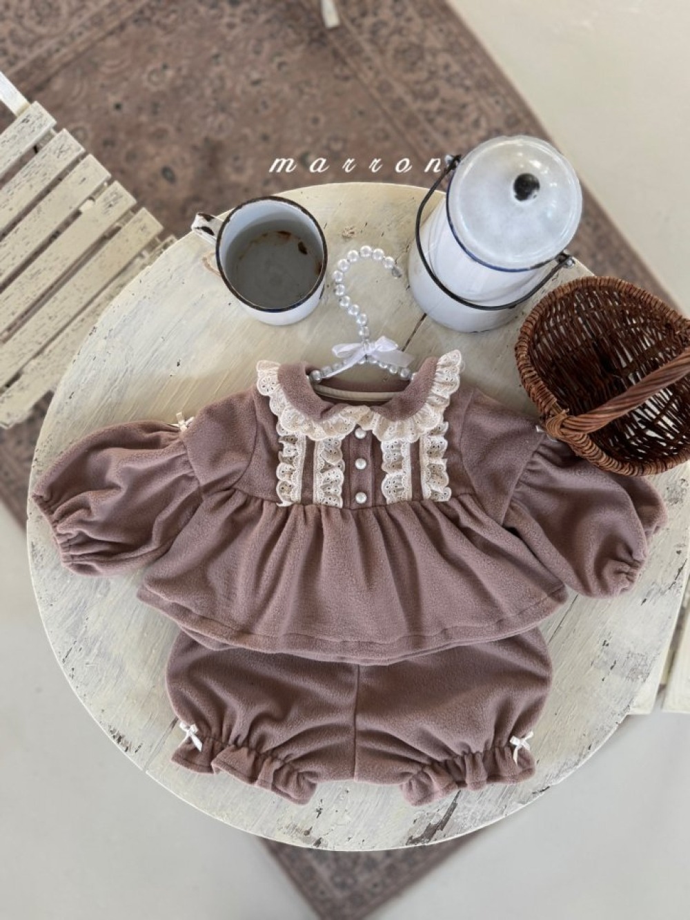 Marron 56｜(3m-18m) 宮廷袖蕾絲領花邊套裝