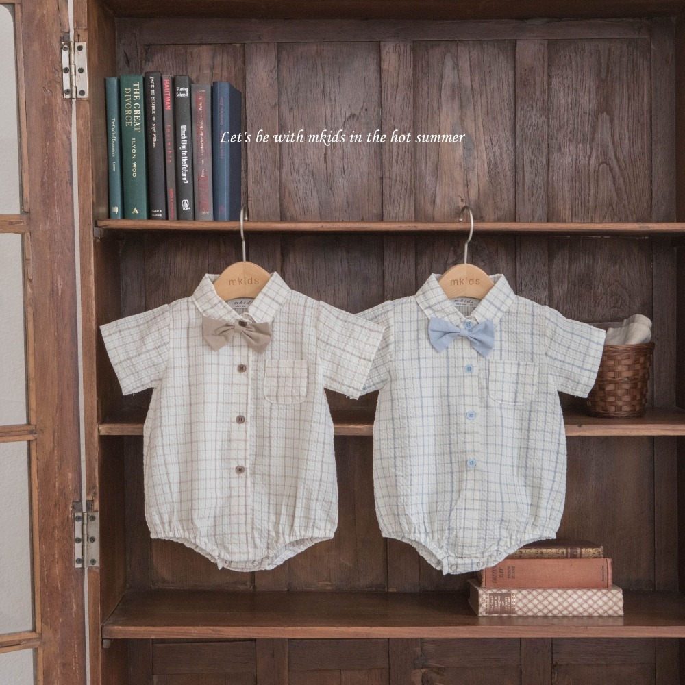 M-KIDS43｜(65-80cm) 格紋領帶有領包屁衣