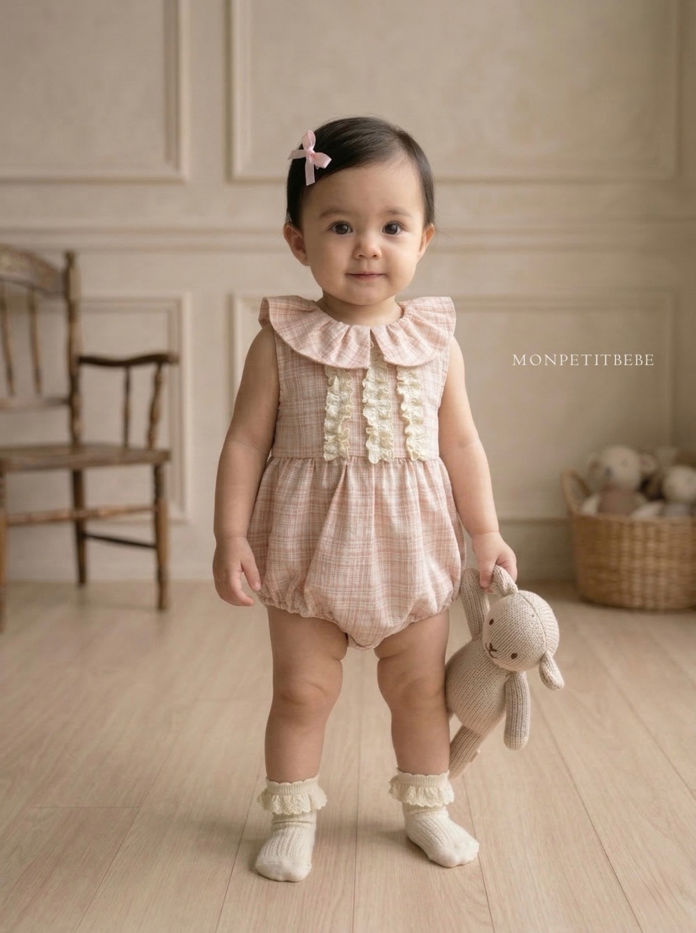 Mon petit09｜(66-90cm) 法式格紋蕾絲花邊包屁衣