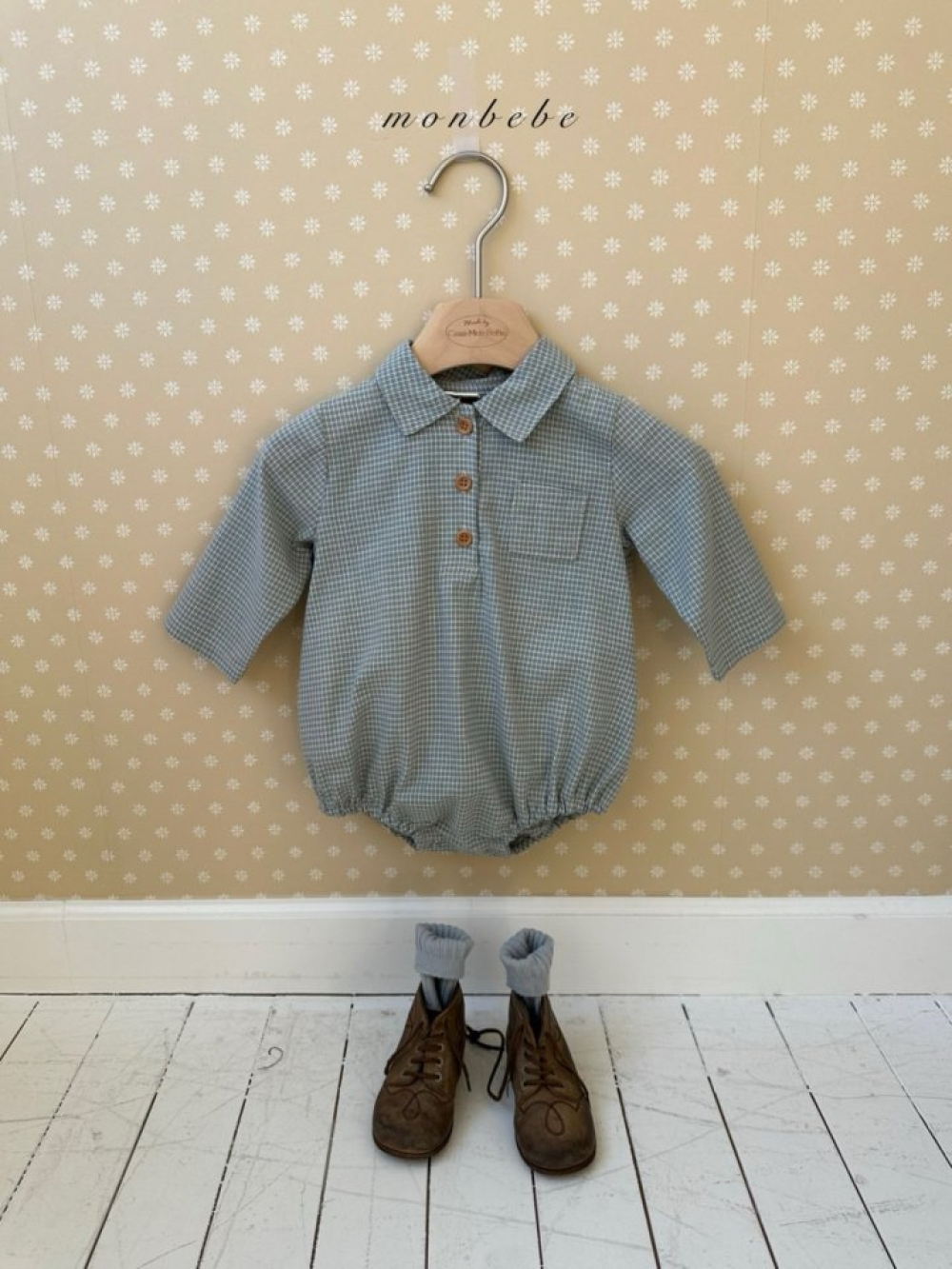 MONBEBE16｜(3m-24m) 細格紋有領包屁衣