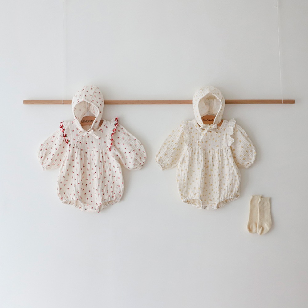 LEMONADE05｜(55cm-85cm) 2色滿版櫻桃/碎花包屁衣含帽子