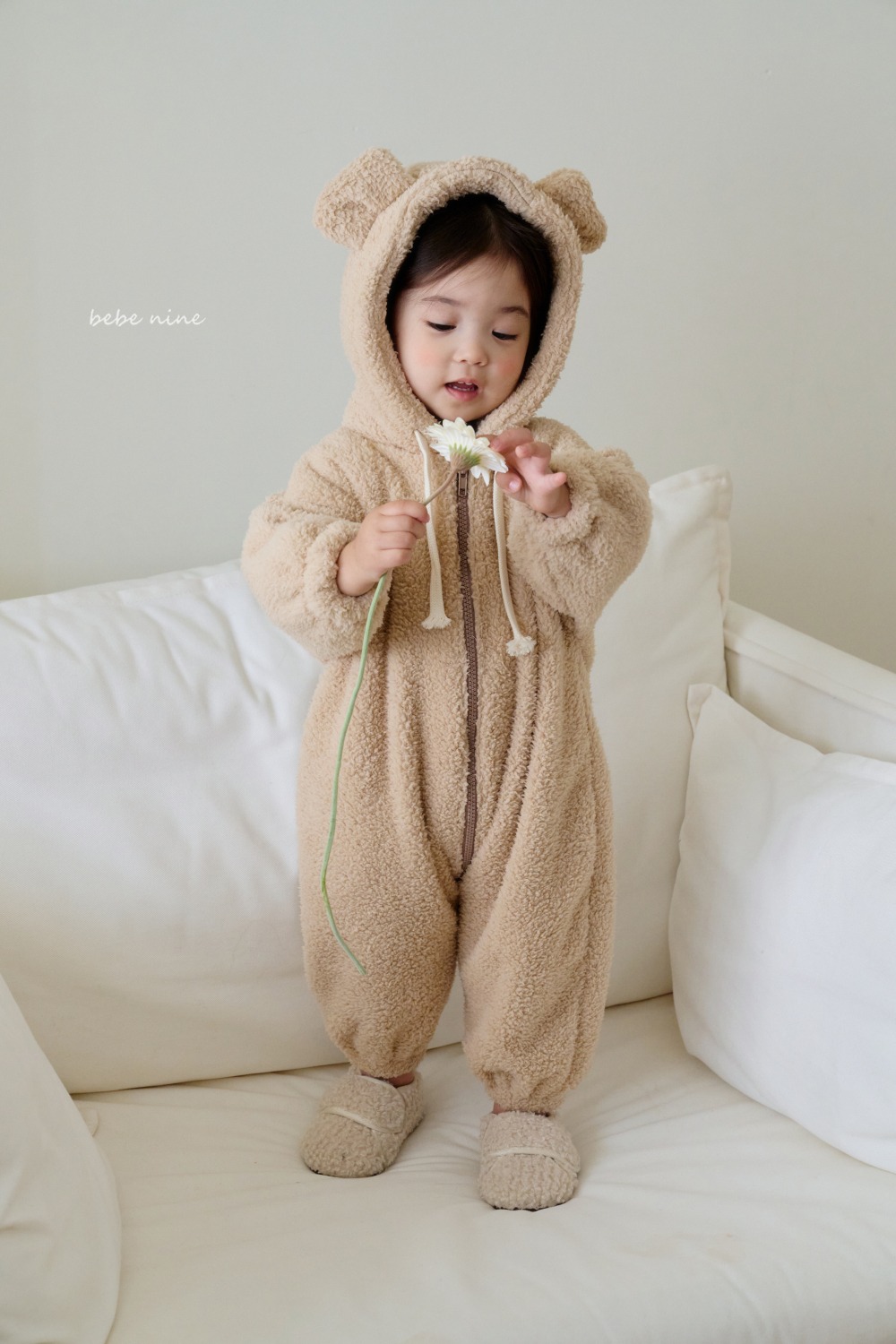 bebe nine61 (55cm-85cm) 3色小熊連帽抓絨拉鍊連身衣