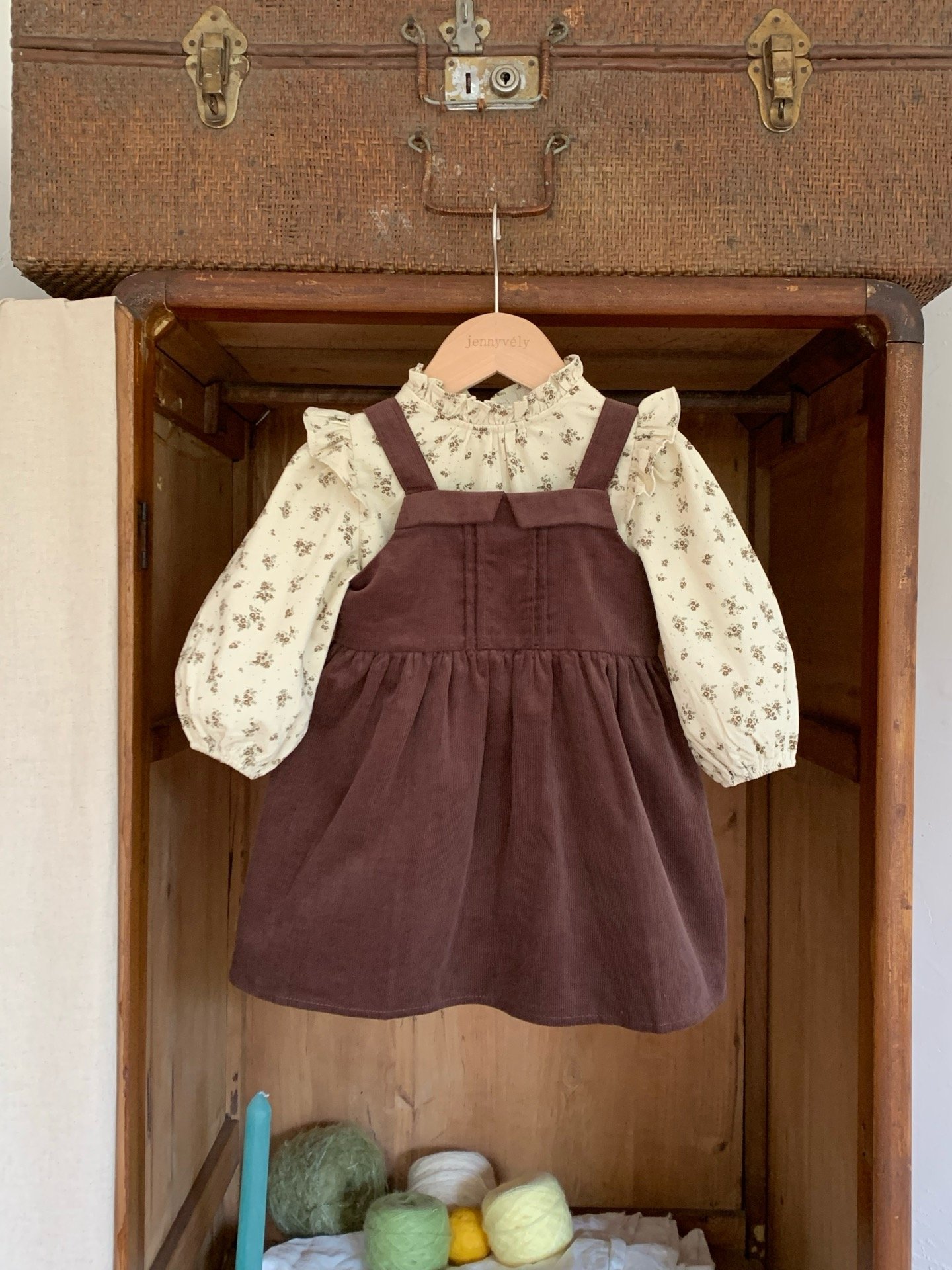 JE589｜(73cm-120cm) 燈芯絨背心洋裝/碎花荷葉上衣