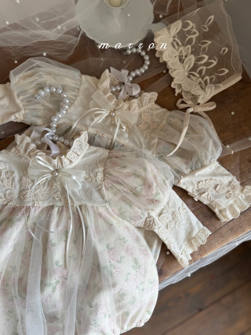 Marron29｜(3m-18m) 古典玫瑰薄紗包屁衣