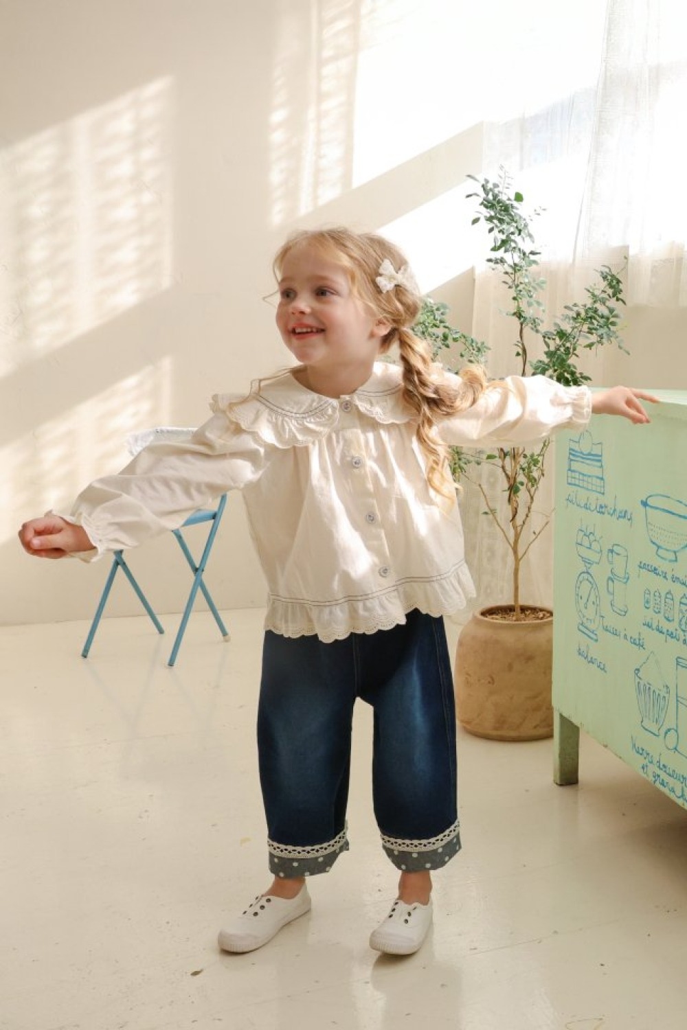 FLO14｜(75-140) 2色蕾絲波點反摺牛仔褲