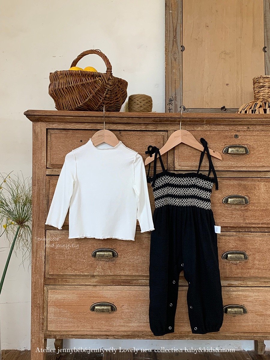 JE581｜(73-100cm) 抓皺綁帶連身褲/素面捲邊上衣