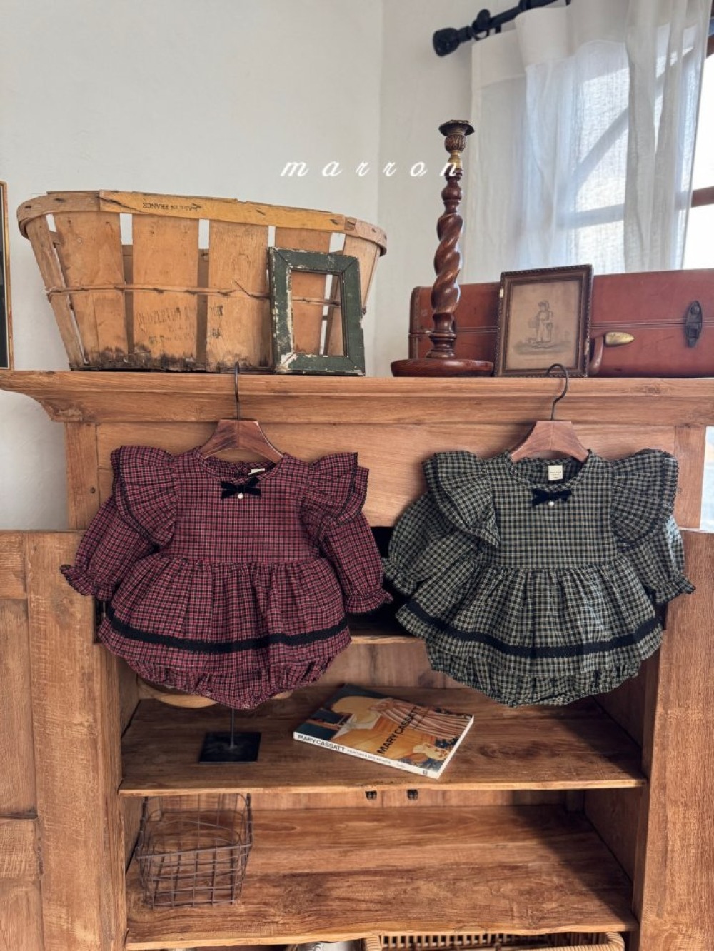 Marron 40｜(3m-18m) 法式荷葉袖格紋層次裙包屁衣