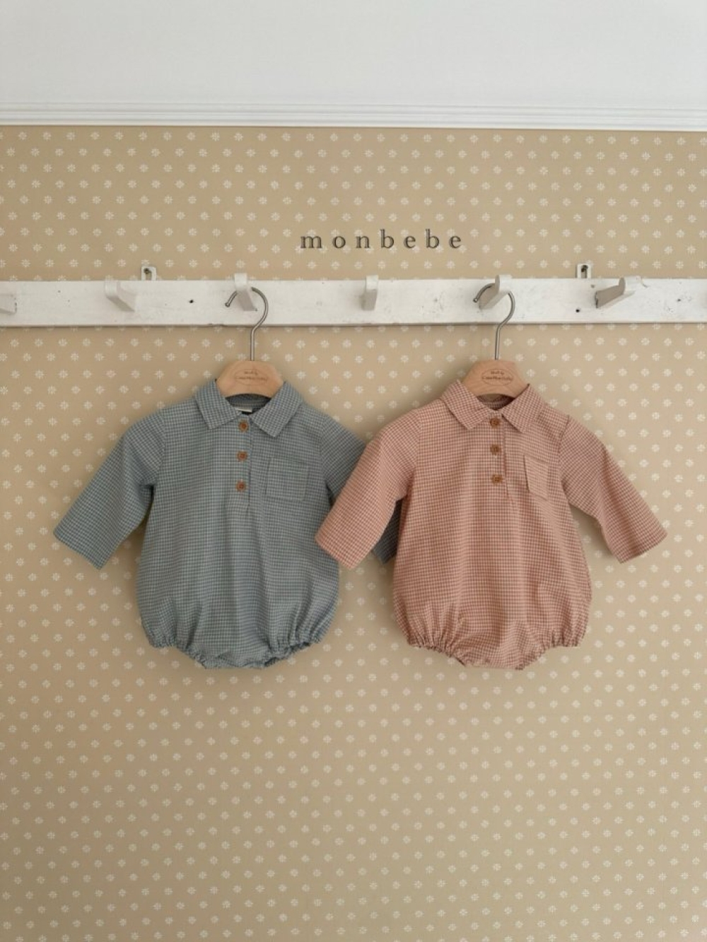 MONBEBE16｜(3m-24m) 細格紋有領包屁衣