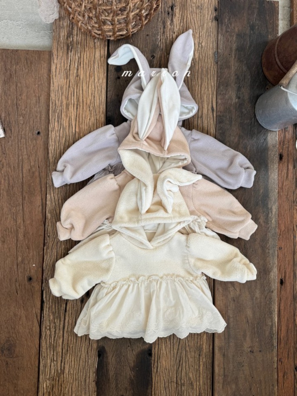 Marron 25｜(1y-6y) 兔子蕾絲刷毛連帽上衣