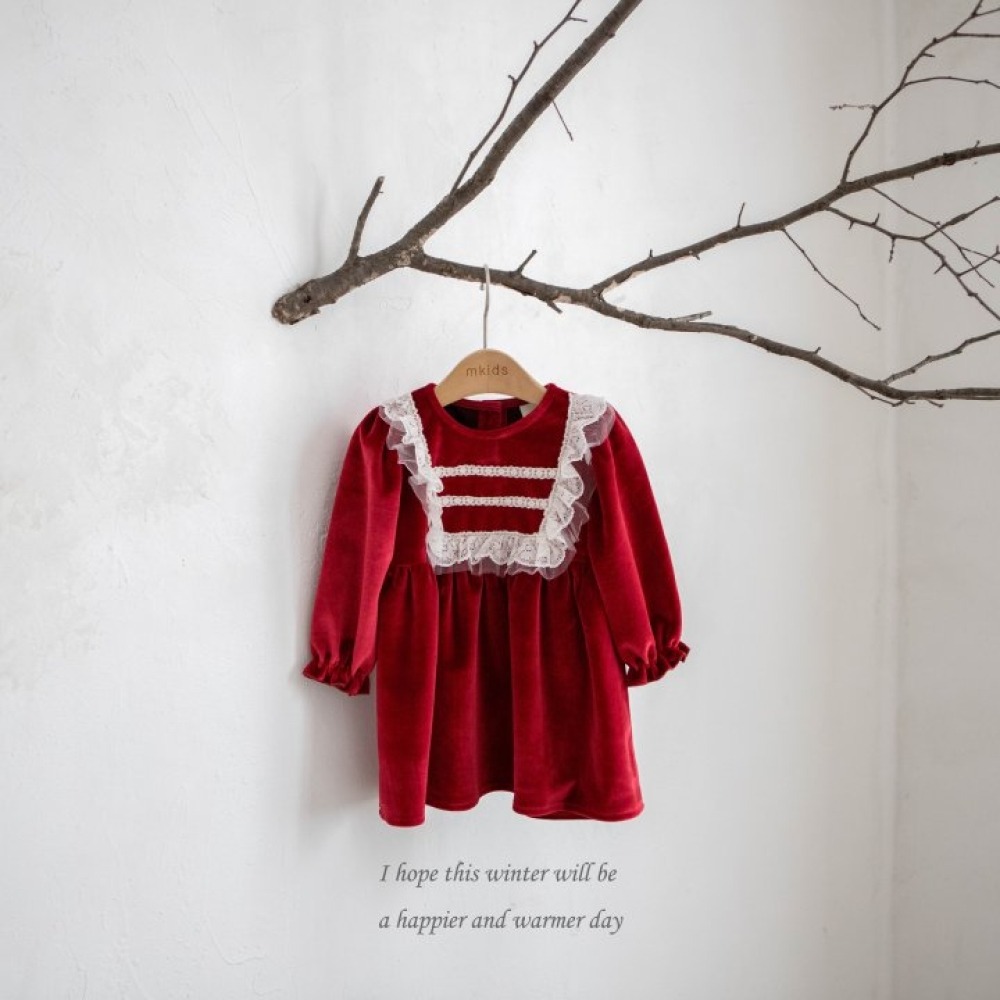 M-KIDS37｜(65-115cm) 2色法式絨面蕾絲洋裝