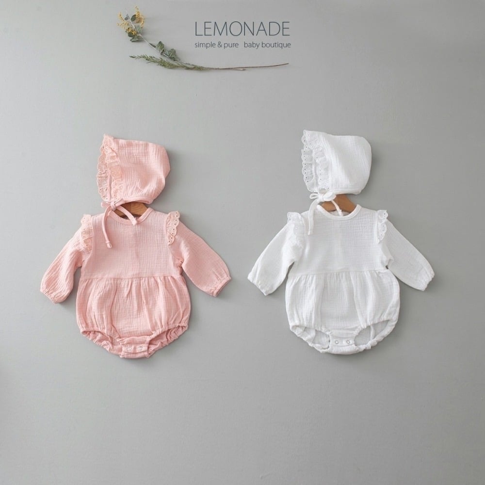 LEMONADE53｜(55cm-85cm) 2色飛袖蕾絲包屁衣含帽子