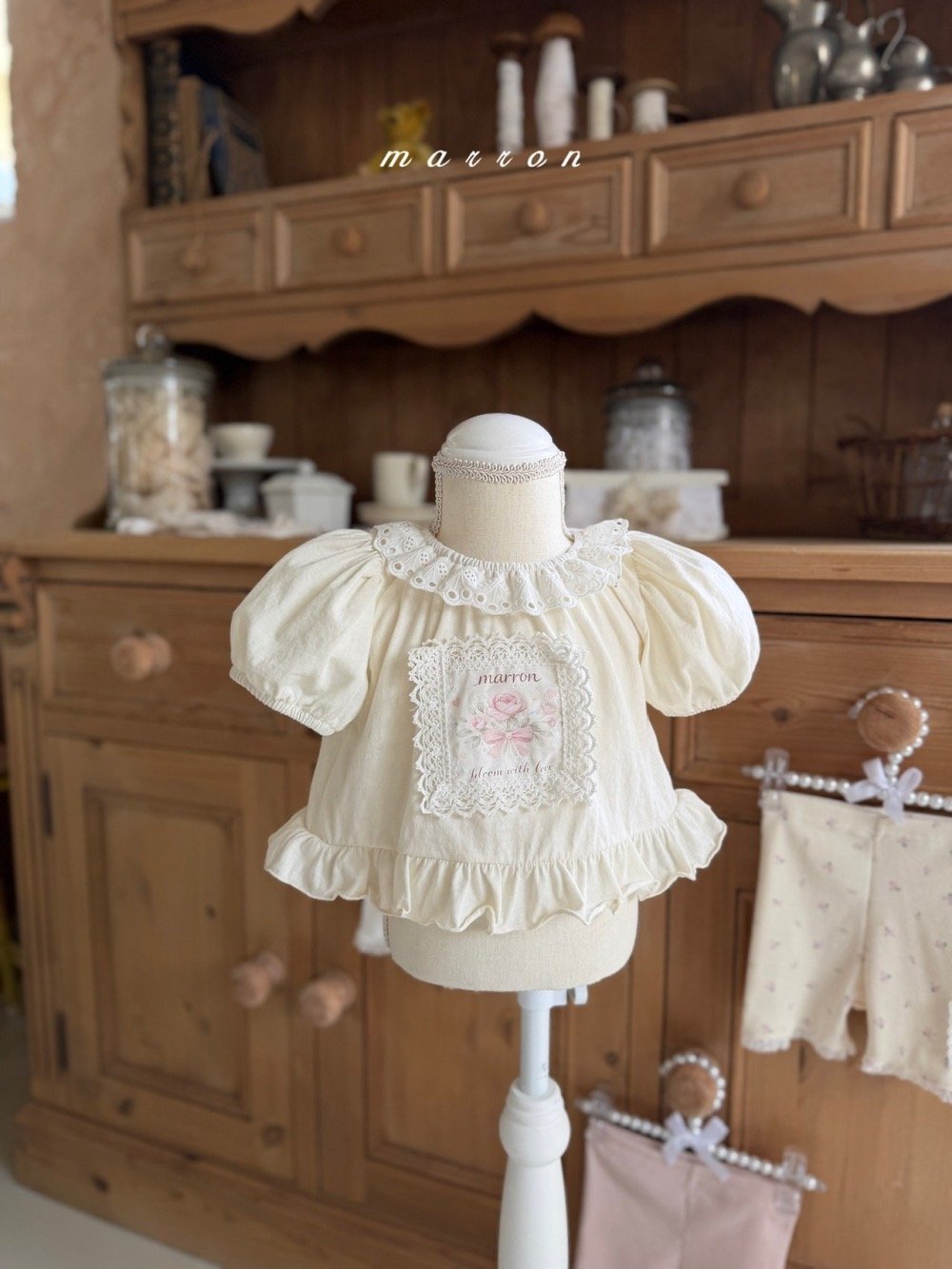 Marron45｜(1y-6y) 復古玫瑰公主袖上衣