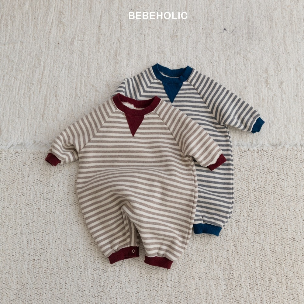 Bebe holic51｜(3m-18m) 撞色條紋內刷毛連身包屁衣
