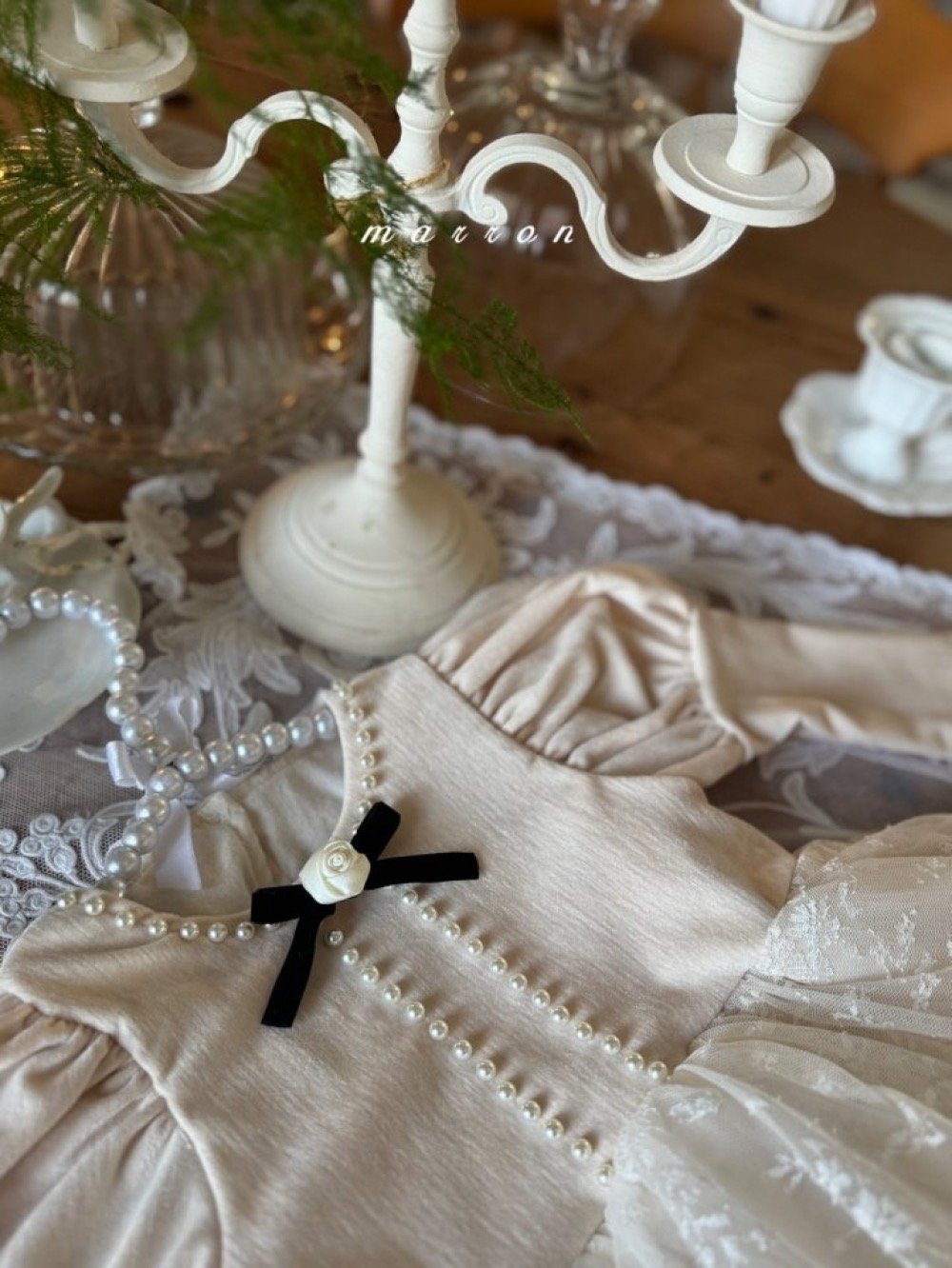 Marron 60｜(1y-6y) 宮廷袖珍珠蕾絲紗洋裝