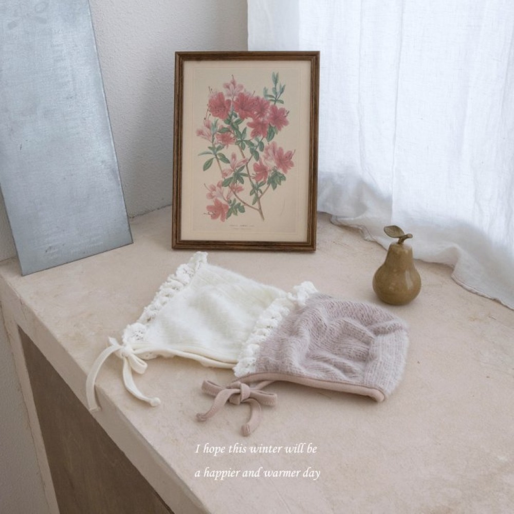 M-KIDS18｜(55-85cm) 2色蕾絲花邊針織綁帶帽