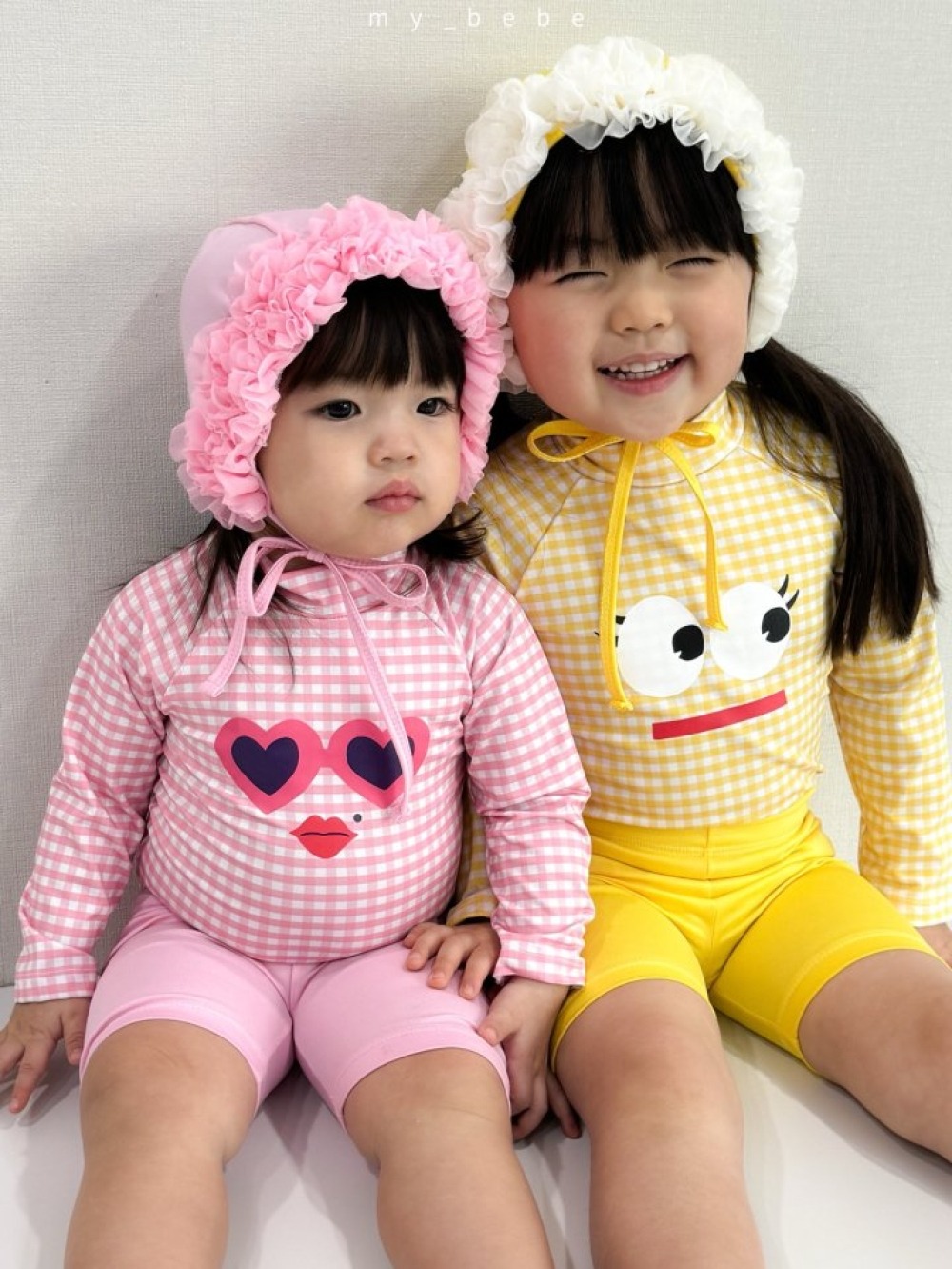 my_bebe05｜(75-105cm) 格紋長袖泳衣/花邊泳帽