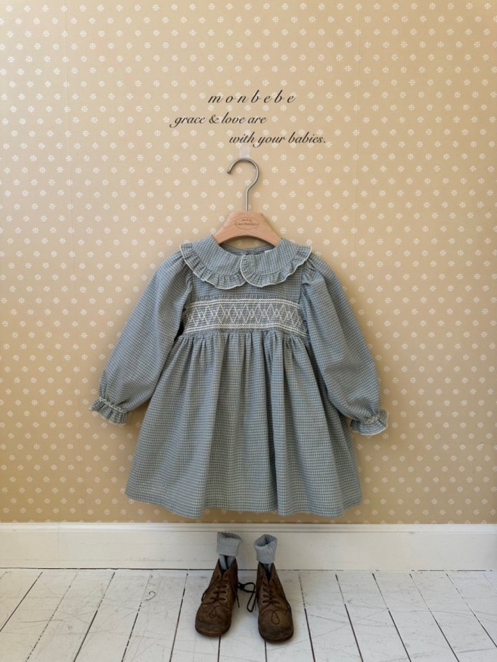 MONBEBE17｜(1y-8y) 細格紋荷葉領洋裝