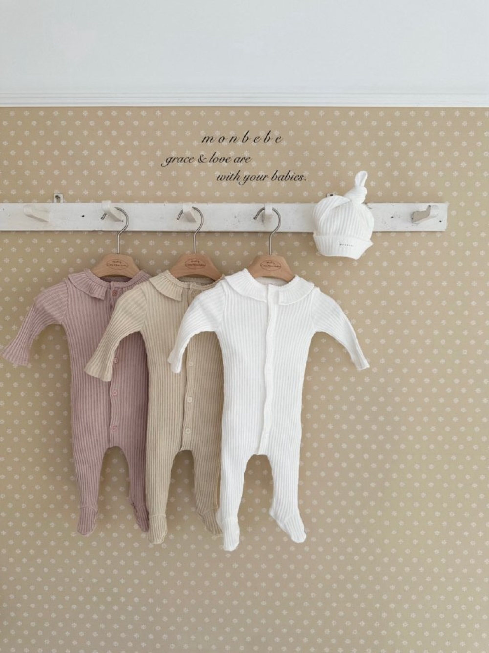MONBEBE09｜(0m-6m) 摺邊坑條連身衣