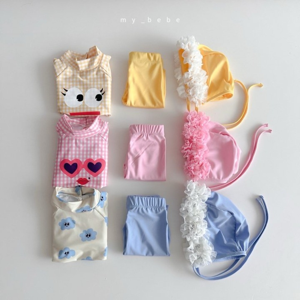 my_bebe05｜(75-105cm) 格紋長袖泳衣/花邊泳帽
