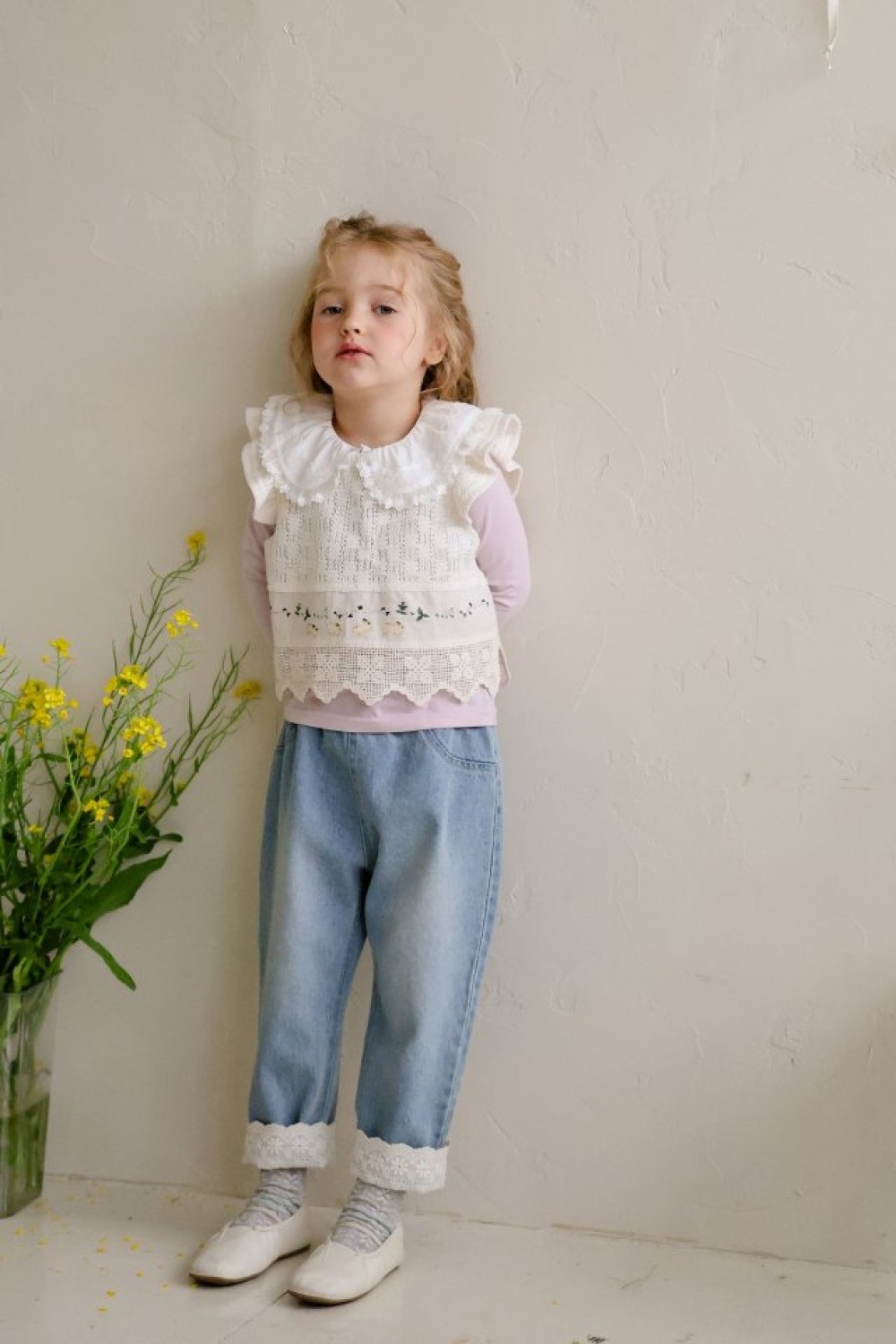 FLO55｜(75-140) 2色蕾絲可反摺牛仔褲