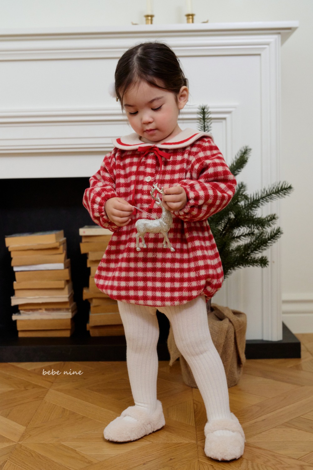 bebe nine60 (65cm-85cm) 3色格紋圓領段帶包屁衣