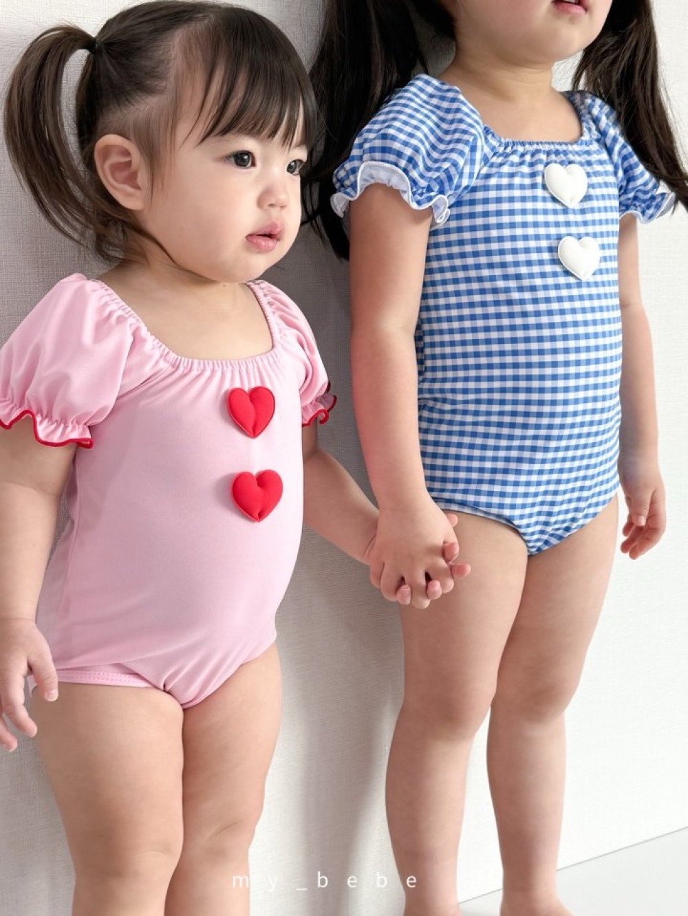 my_bebe03｜(75-105cm) 荷葉抓皺愛心泳衣含泳帽