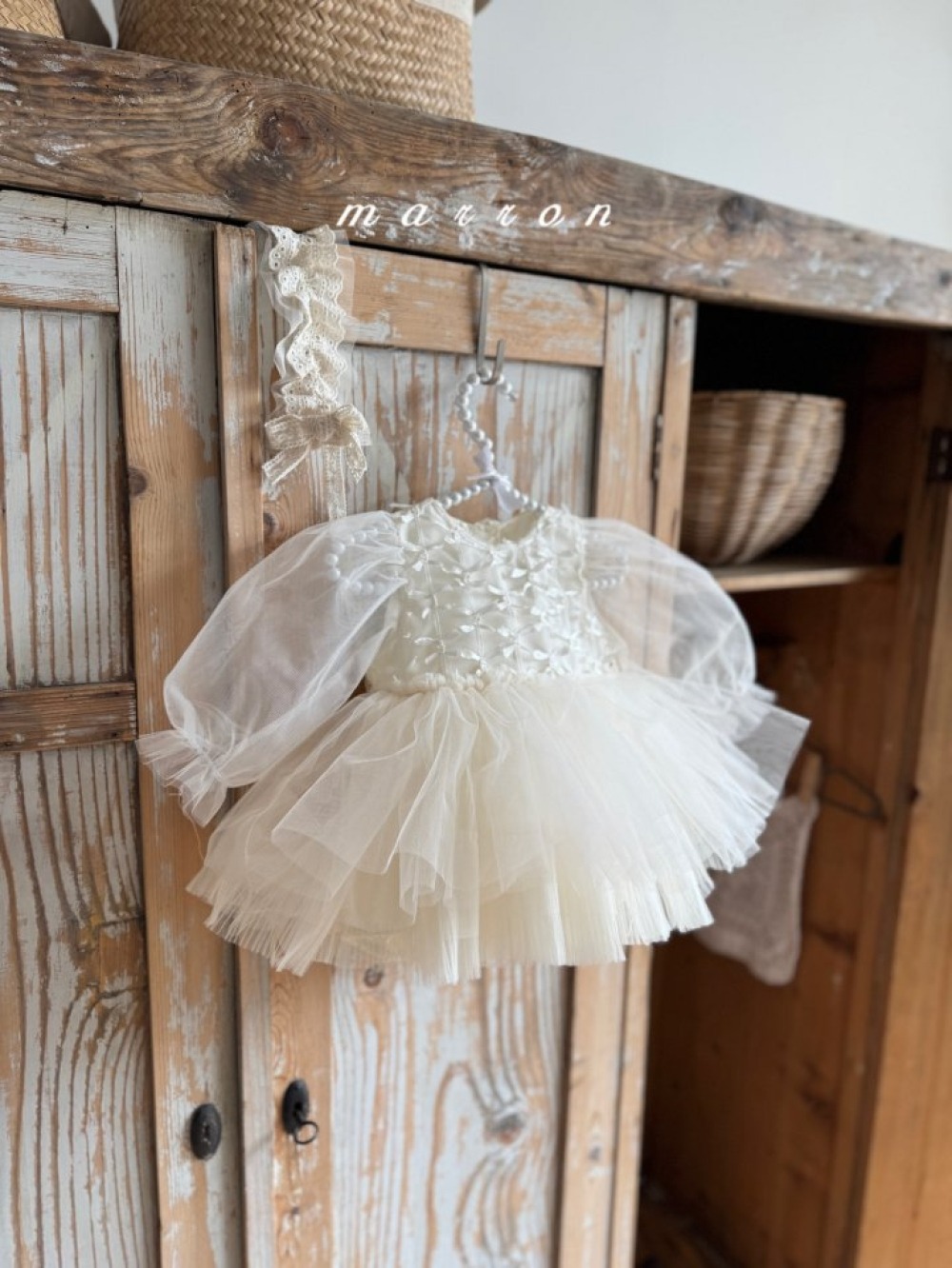 Marron57｜(3m-18m) 絲帶薄紗澎澎洋裝包屁衣