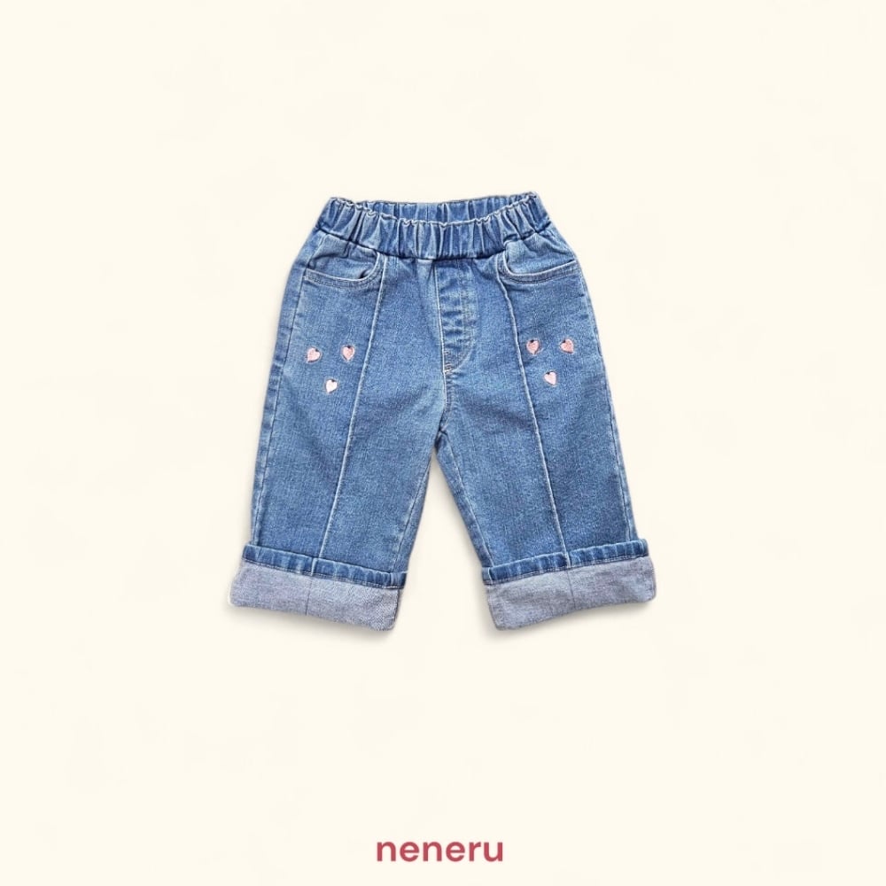 neneru28｜(70cm-125cm) 1色愛心刺繡直筒牛仔褲