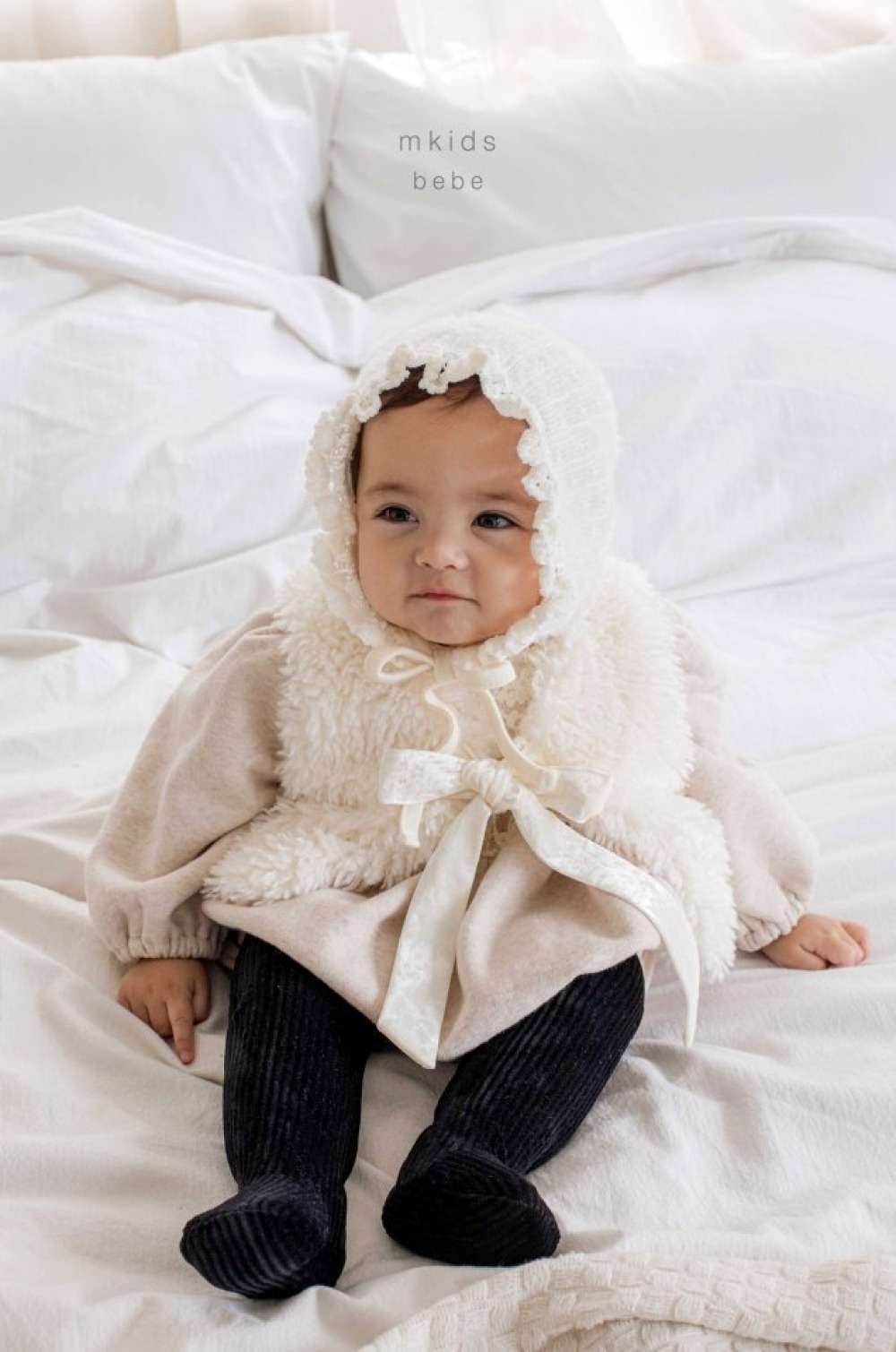 M-KIDS18｜(55-85cm) 2色蕾絲花邊針織綁帶帽