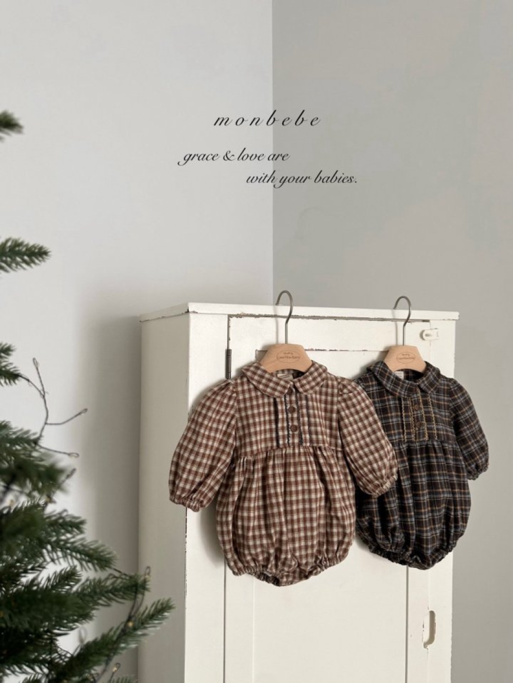 MONBEBE22｜(3m-24m) 冬季格紋滾邊包屁衣