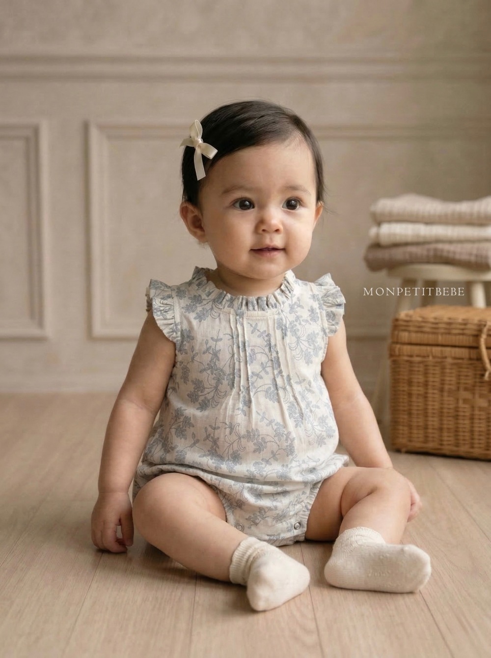 Mon petit02｜(66-90cm) 摺線墨花包屁衣