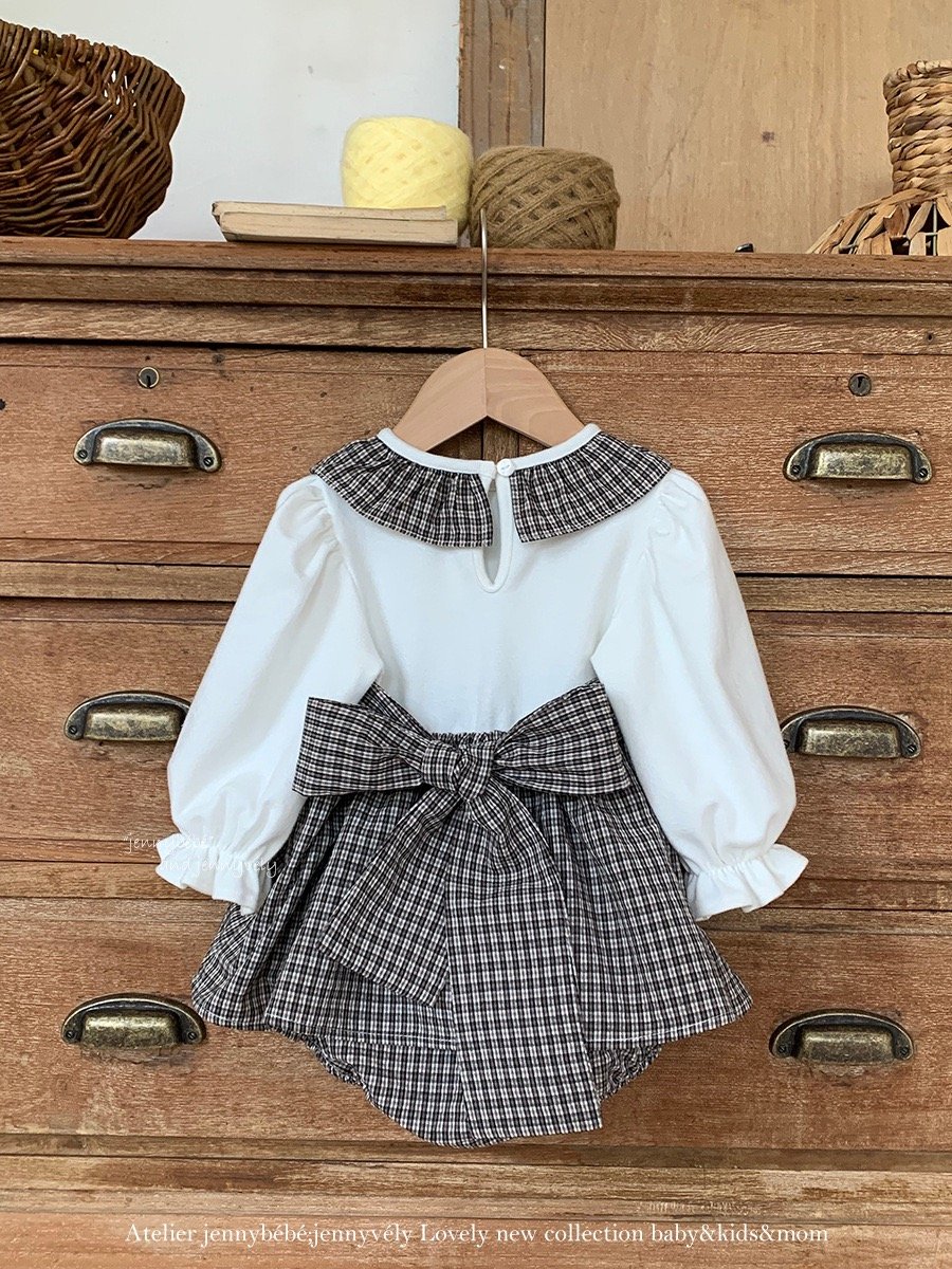 JE583｜(66-90cm) 格紋蝴蝶結綁帶包屁衣
