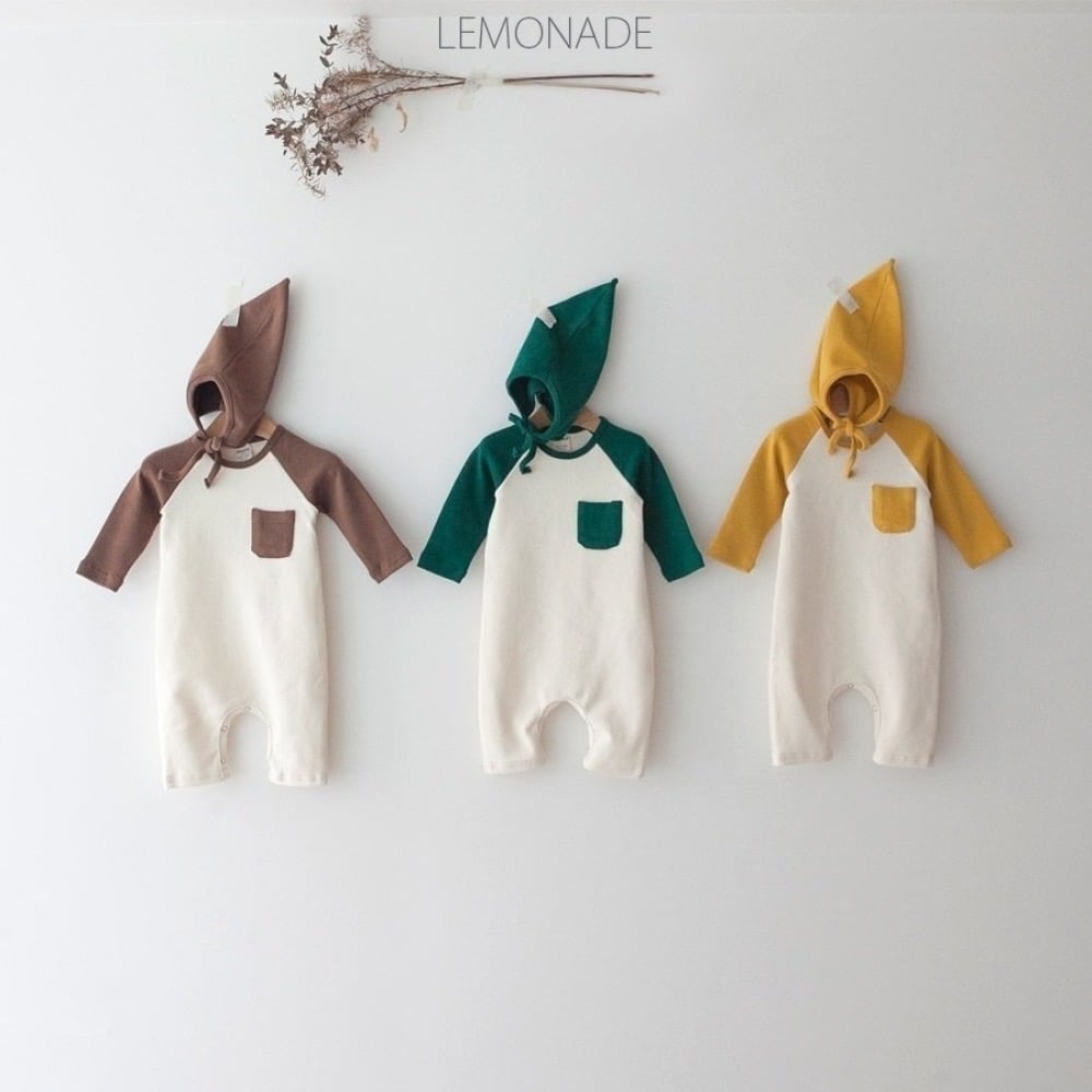 LEMONADE47｜(55cm-85cm) 3色撞色口袋連身包屁衣含帽子