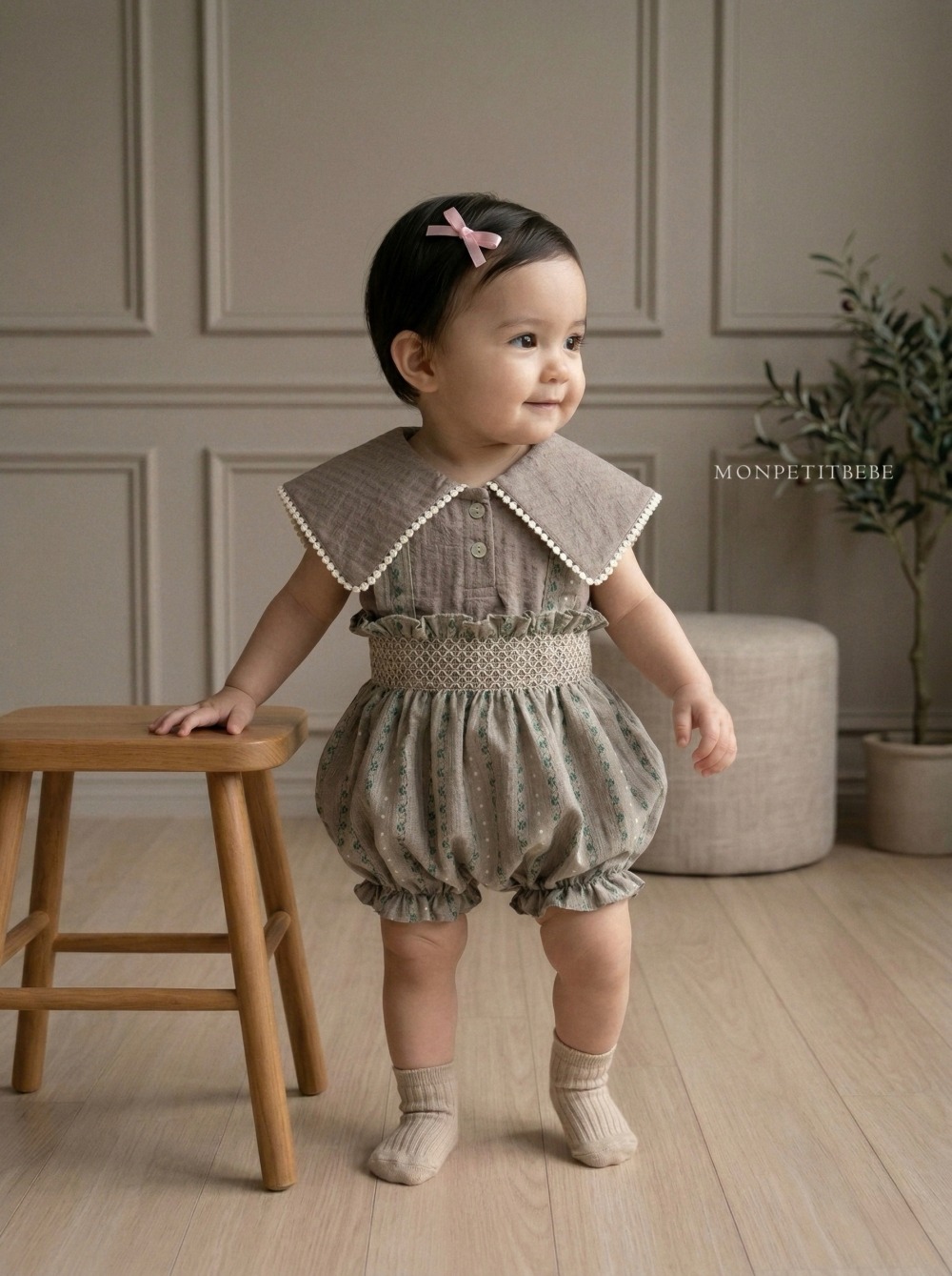 Mon petit08｜(66-90cm) 抓皺壓花吊帶包屁衣