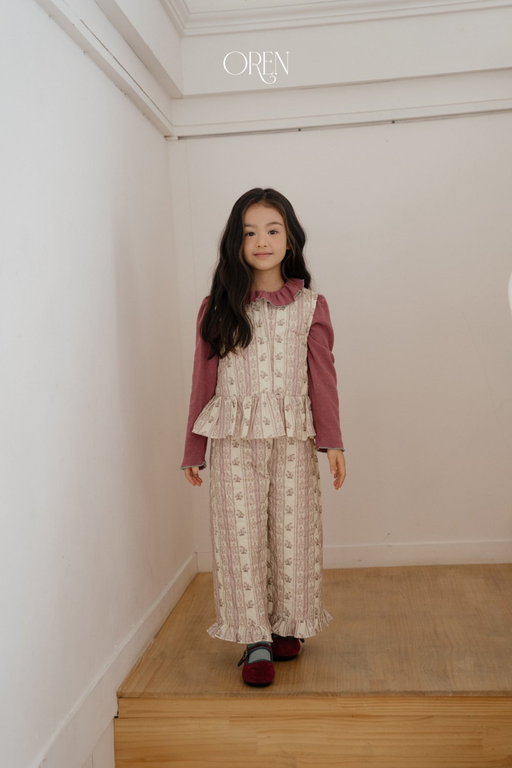 OREN36｜(85-120cm) 復古碎花荷葉邊鋪棉套裝