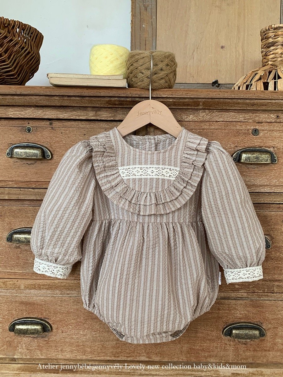 JE574｜(66-90cm) 花邊領條紋包屁衣