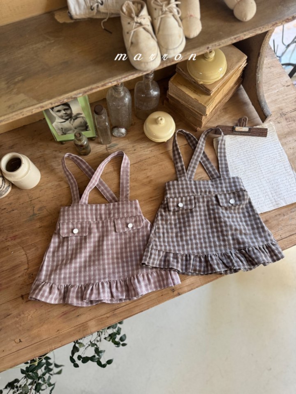 Marron28｜(1y-6y) 格紋吊帶荷葉裙