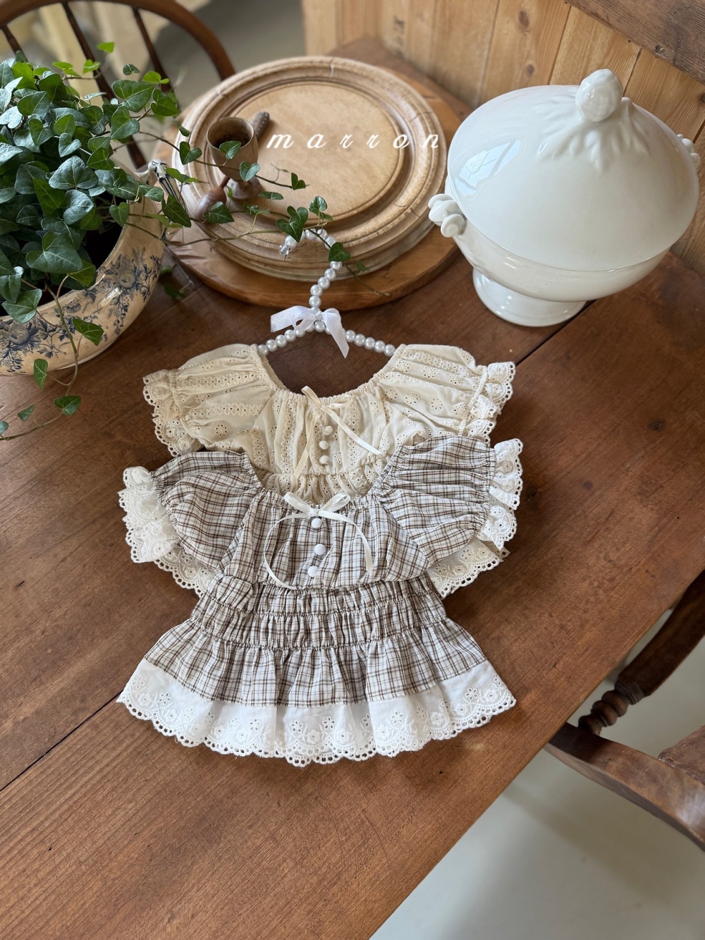 Marron24｜(1y-6y) 格紋泡泡袖襯衫