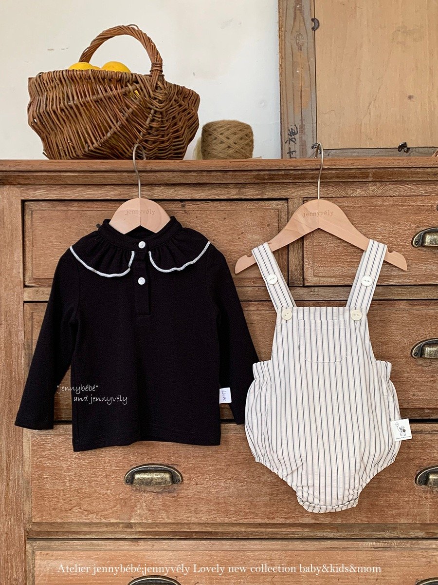 JE567｜(73-100cm) 滾邊翻領上衣/線條吊帶褲