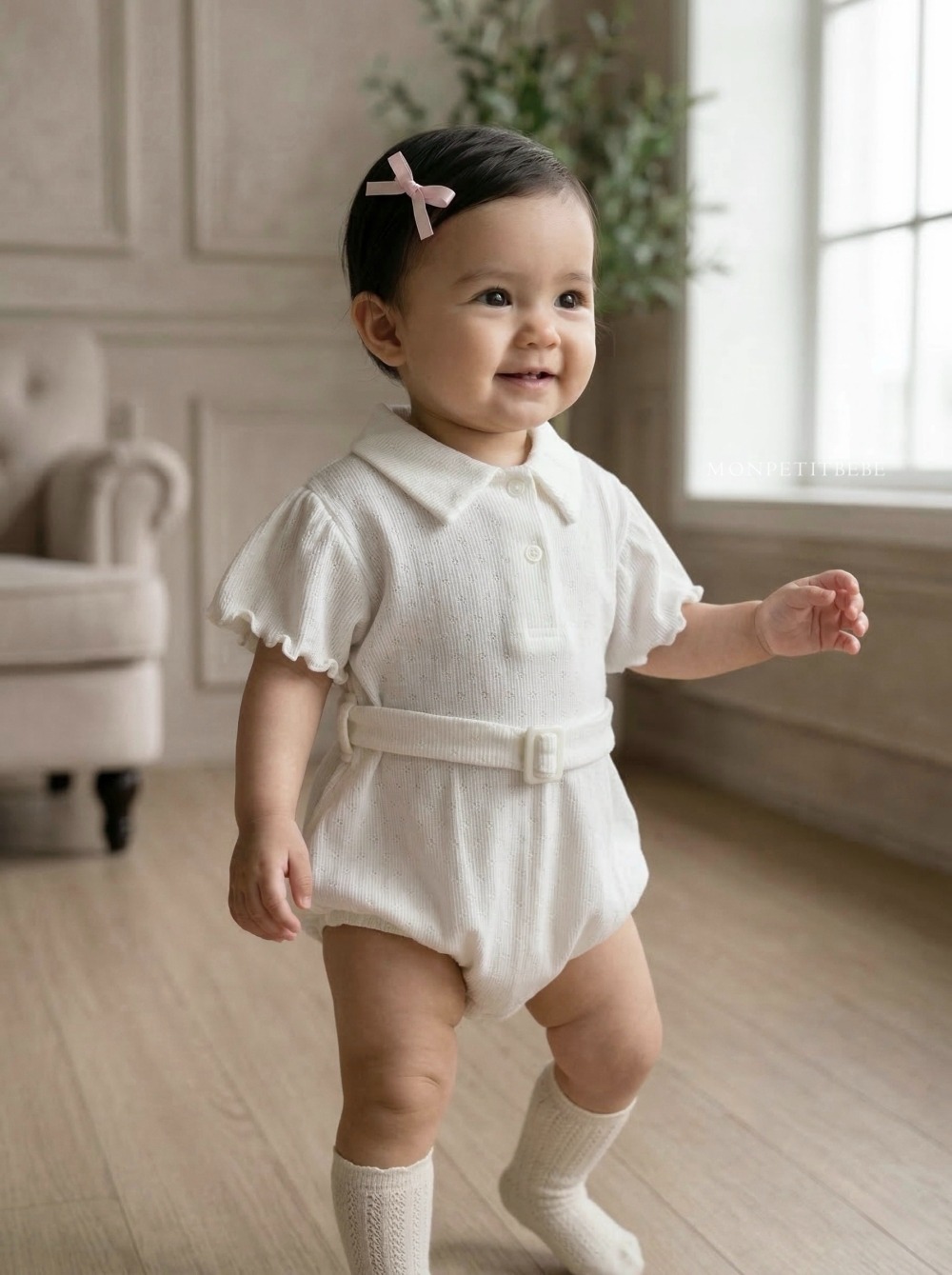 Mon petit07｜(66-90cm) 有領捲邊腰帶包屁衣