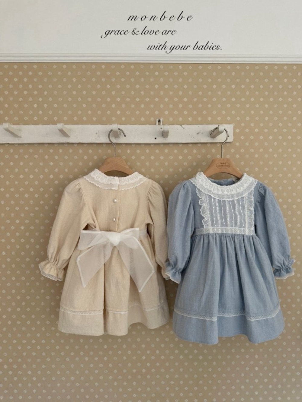 MONBEBE02｜(1y-8y) 蕾絲滾邊緞帶洋裝
