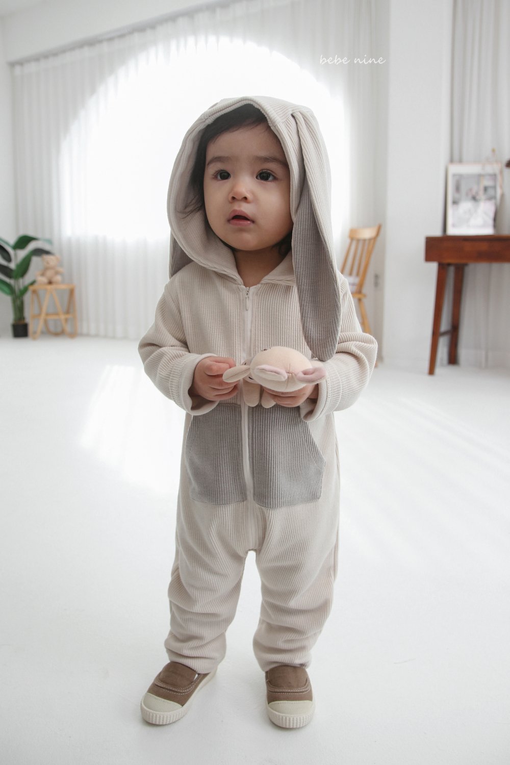 bebe nine29 (65-90) 2色恐龍小兔連帽連身衣